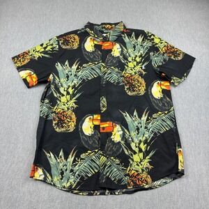Hurley Shirt Mens Large Black Toucan Pineapple Print Tropical Hawaiian Button Up